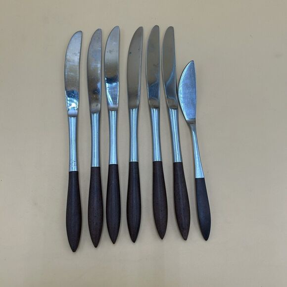 7 VTG Epic MCM Flatware Wood Handle Stainless Steel Dinner Knives Silverware - Picture 1 of 4
